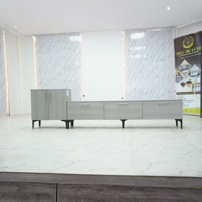 Meuble tv design "scandi-grey" avec rangements abattants.